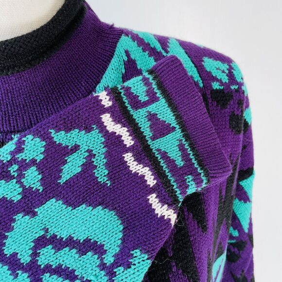 J C & Louis Sweater Vintage Neon Mock Neck Roses Aztec Purple Alternative Large - Picture 4 of 9